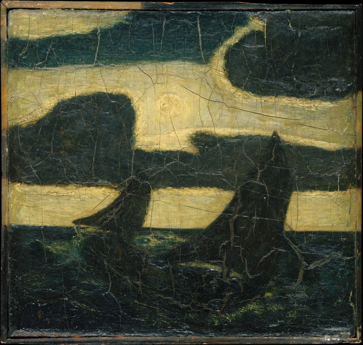 Two dark sailboat silhouettes against a pale yellow moonlit sky and a black sea.