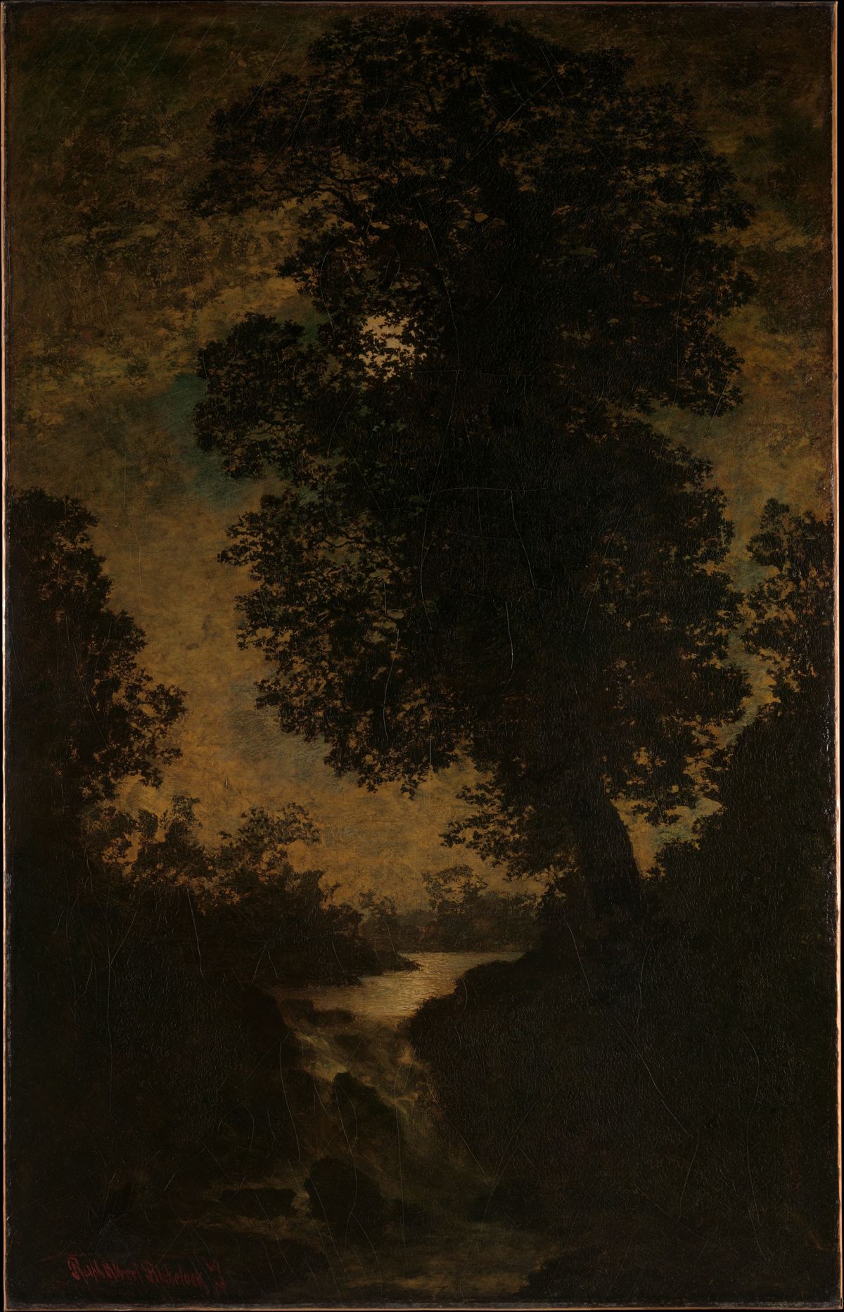 A dark wooded ravine with a pale thread of waterfall and a hazy moon behind the trees.