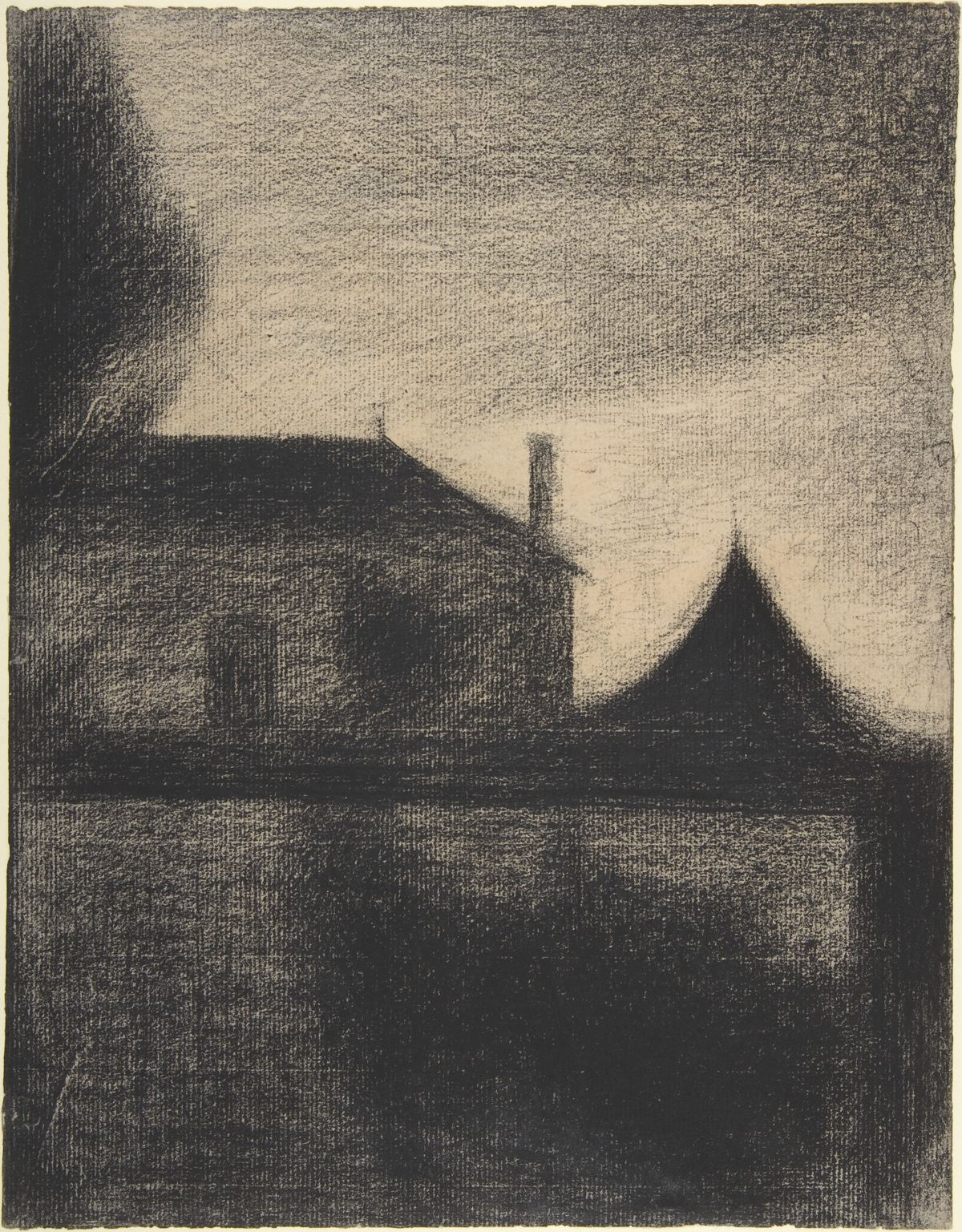 A soft charcoal drawing of a house and a pointed roof dissolving into the dark.