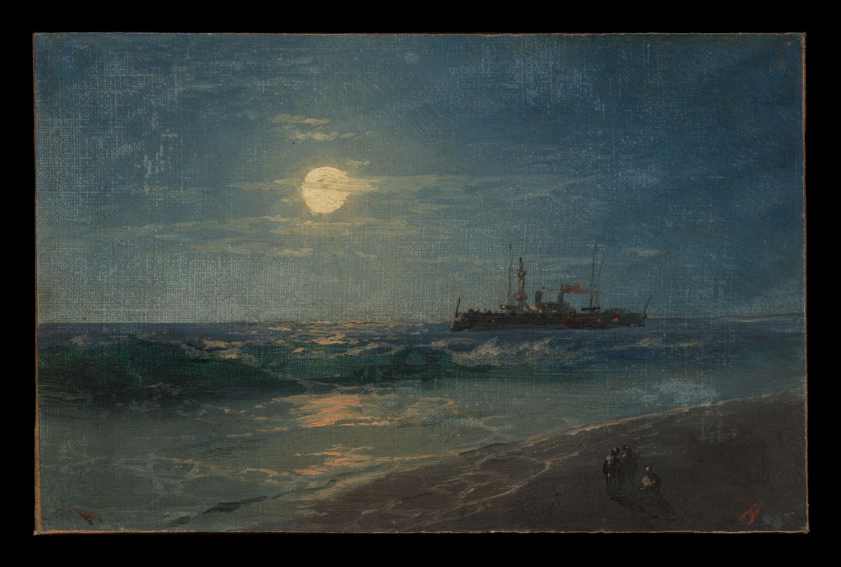 A steamship on a dark sea, with a full moon lighting a path across the waves.