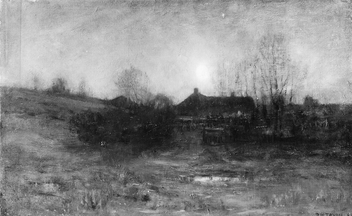 A misty gray field at dusk, with low houses and bare trees under a pale moon.